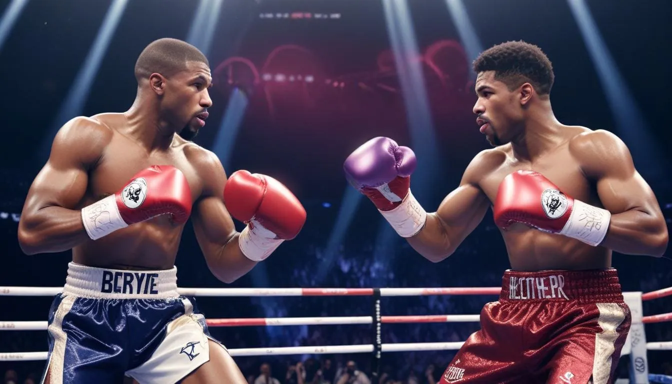 a split screen image of floyd mayweather jr. and anthony joshua with a subtle background of boxing gloves and ropes