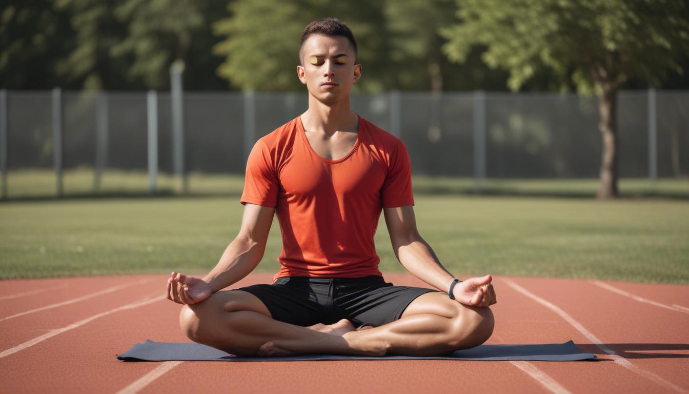 A person wearing a red T-shirt and black shorts is sitting cross-legged on a yoga mat placed on an outdoor track. They are meditating with eyes closed and hands resting on knees, enhancing their athletic performance in a serene environment with trees and a fence in the background.