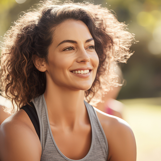 A woman with curly hair smiles while sitting outdoors. She is wearing a grey tank top and appears to be enjoying a sunny day. The background is slightly blurred, highlighting her joyful expression.