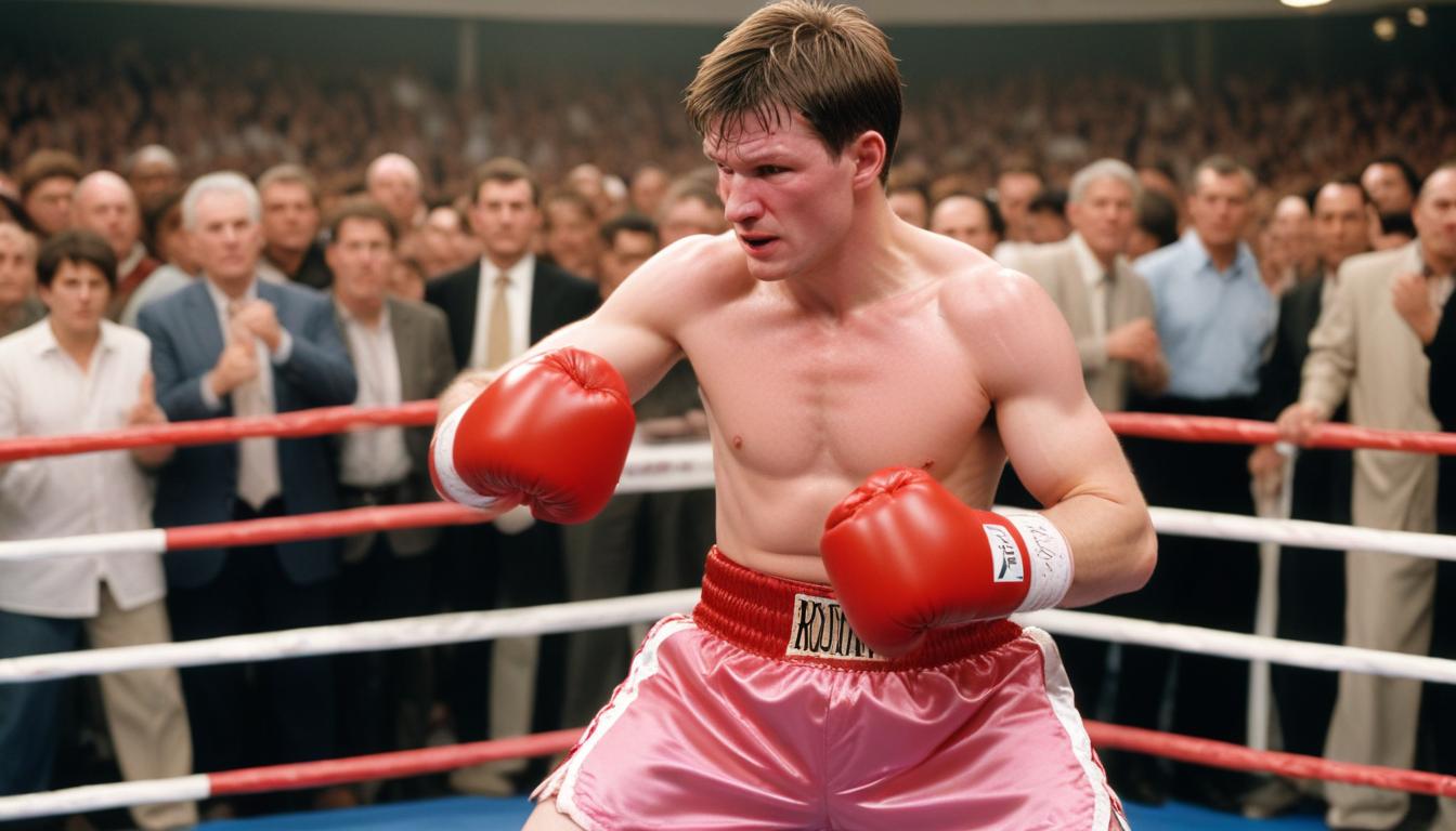 A boxer in red gloves and pink shorts is poised in a ring, surrounded by an attentive crowd. His focus is razor-sharp, almost like he's undergone hypnotherapy. Sweat glistens on his face under the bright lights of the arena, ready for action.