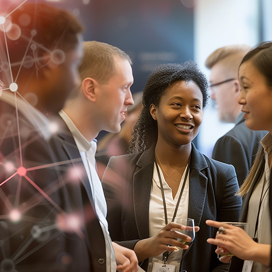 A diverse group of professionals in business attire engage in a conversation at a networking event. Two people in the foreground hold drinks, while a digital graphics overlay with connecting nodes and lines adds a modern, tech-inspired element to the image.