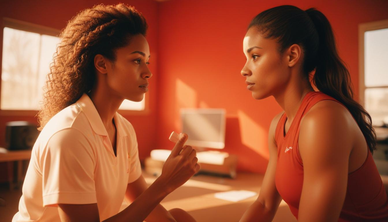 Two women sit facing each other in a sunlit room with red walls. One, wearing a white shirt, holds a small bottle, discussing sports psychology. The other, in a red tank top, listens attentively. The room has large windows and a television in the background.