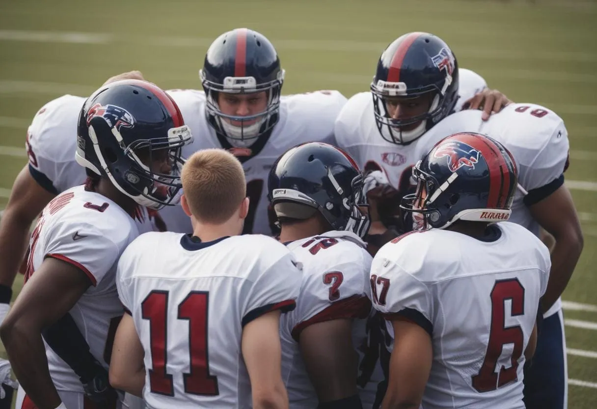 a football team huddled together discussing strategy