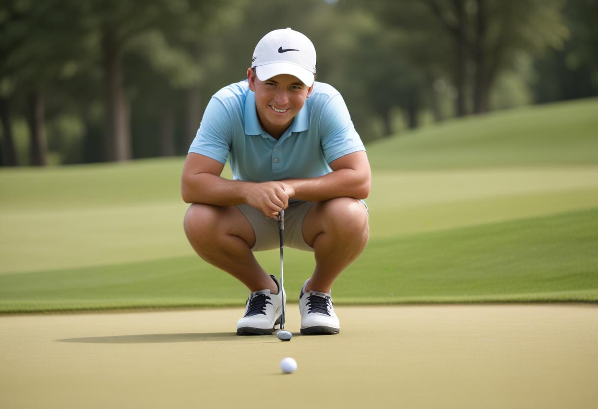 A golfer smiles as he crouches on the green, aligning his putt with focused precision. Wearing a light blue polo shirt, khaki shorts, white and black golf shoes, and a white cap, he's in the zone. The lush golf course surrounds him with trees in the background, enhancing his performance in golf.