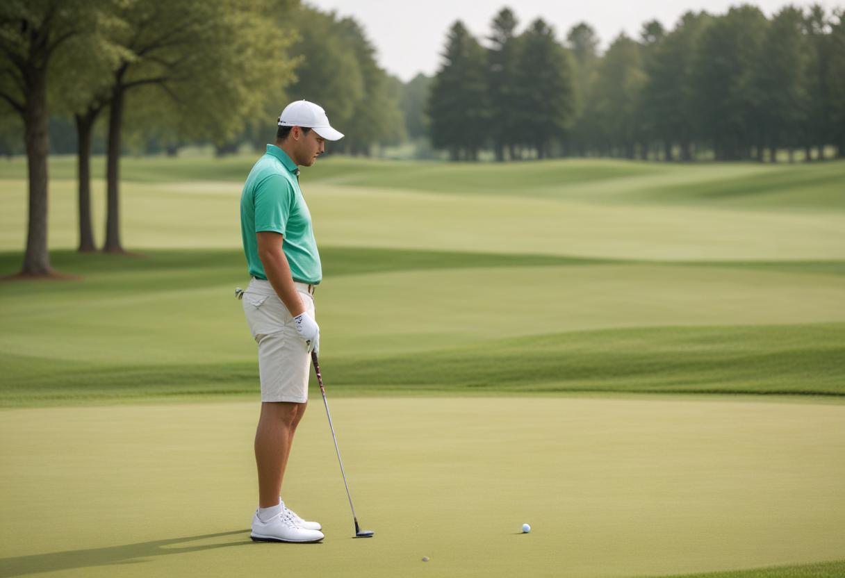 A person in a green shirt, khaki shorts, white cap, and white golf shoes stands on a putting green, holding a putter, and looking down at a golf ball. The lush golf course and trees are visible in the background under a clear sky, where the serenity seems perfect for contemplating their Golf potential.