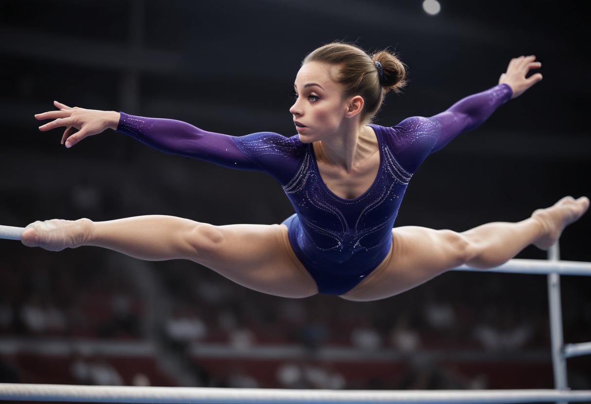 A female gymnast in a purple leotard performs a high-flying split leap above the uneven bars during a competition. The background is blurred, emphasizing the gymnast’s focus and athleticism—a testament to her mastery of gymnastics psychology.