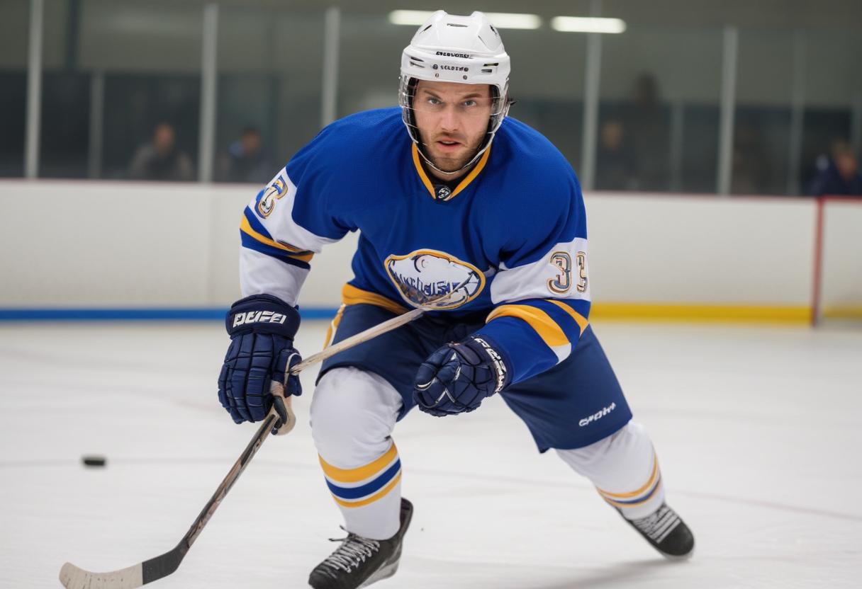 A hockey player wearing a blue and yellow uniform and white helmet with the number 36 is intently focused while skating on the ice. Demonstrating exceptional mental performance, he holds a hockey stick in both hands and appears to be in motion, preparing for a play. A blurred audience is visible behind him.