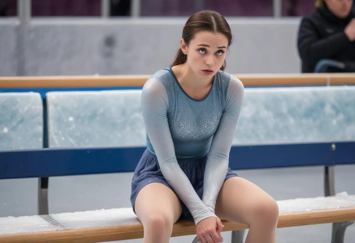 an ice skater sitting on the bench looking anxious and stressed