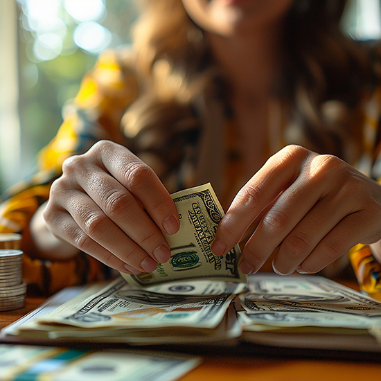 A person with long hair is seen counting U.S. dollar bills at a table. They are holding a few bills while other bills and a stack of coins are spread out on the table. The background is softly blurred with natural light coming through, suggesting a window.