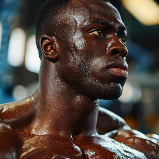 A muscular man with a serious expression looks to the side under gym lighting. His skin glistens with sweat, highlighting his defined physique. The background is blurred, emphasizing his focused demeanor.