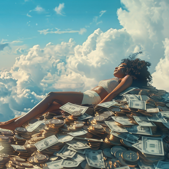 A woman in a white outfit lies contentedly on a large pile of coins and dollar bills, floating among fluffy white clouds in a blue sky. She appears relaxed, with her eyes closed, and her hair blowing gently in the breeze.