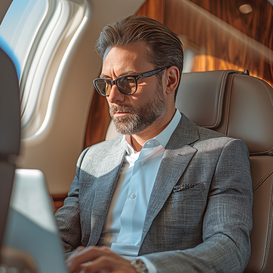 A man with a beard, wearing sunglasses and a grey suit, is seated in a luxurious airplane cabin. He is focused on a laptop in front of him, with light streaming in through the window beside him. The cabin features wood paneling and leather seats.