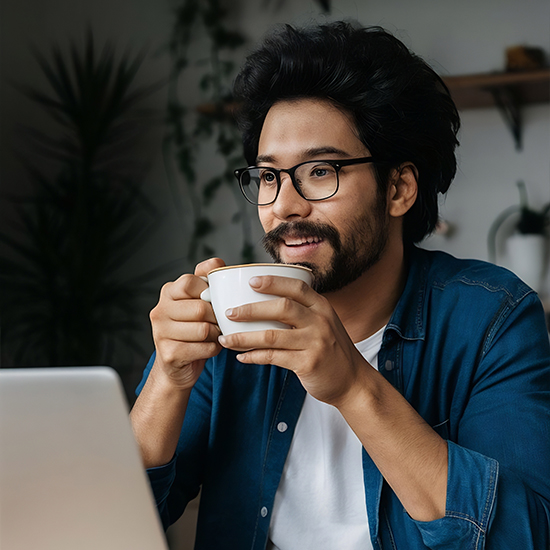 A man with glasses and a beard is sitting at a desk, holding a white coffee cup and looking at a laptop screen. He is wearing a blue denim shirt over a white t-shirt, and there are plants in the background.