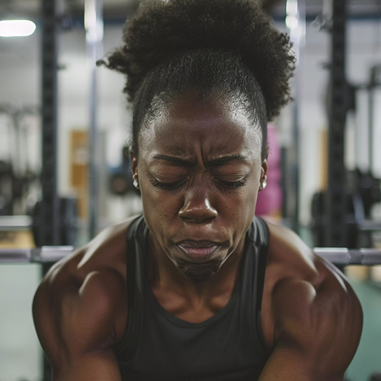 A woman with a determined expression and her hair in a puff ponytail is lifting weights in a gym. She is wearing a black sleeveless top, and her muscles are visibly strained as she exerts effort. The background features gym equipment out of focus.