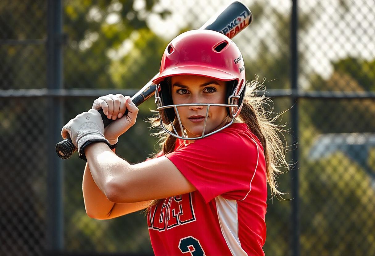 A softball player wearing a red helmet and jersey stands ready to bat. She grips the bat with both hands, facing forward with a determined expression, hitting with confidence. The background features a blurred fence and trees.