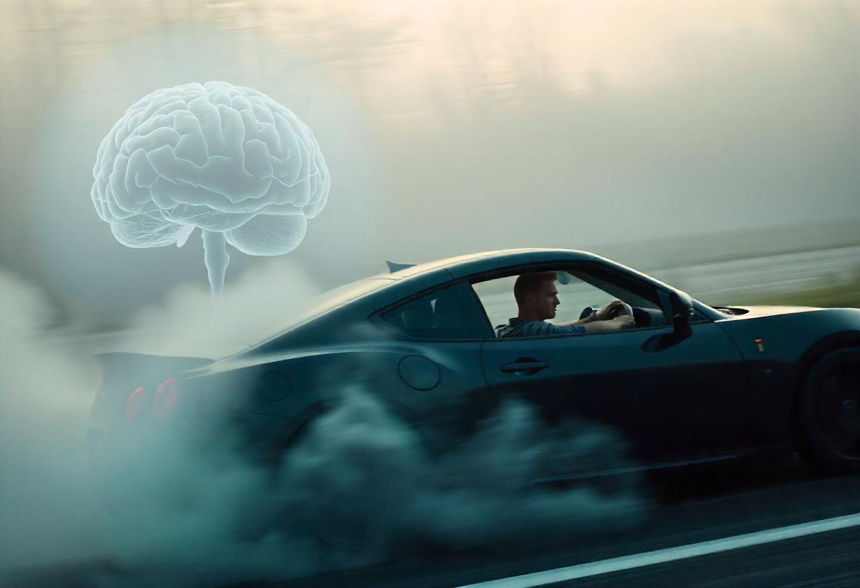 A dark-colored sports car is drifting on a road, creating a large cloud of smoke. Inside the smoke, there is an image of a human brain, giving the appearance that it is emerging from the smoke. The driver is focused on maneuvering the car with precise racing psychology.