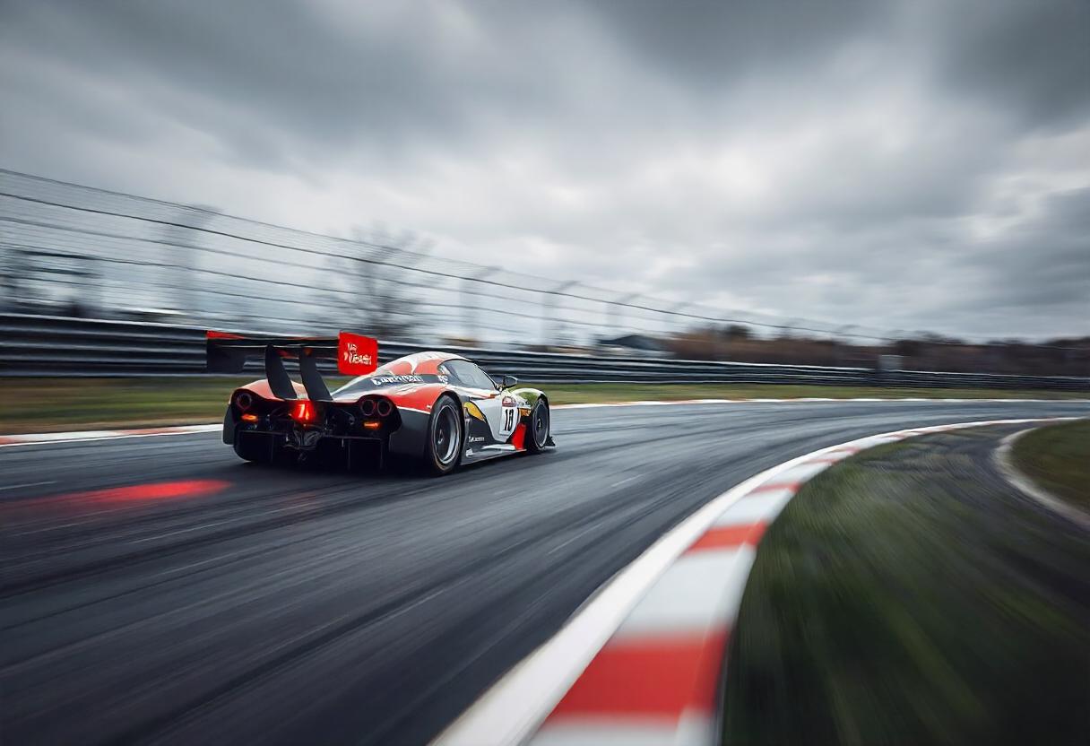 A race car with the number 27 on the side speeds around a curved track on a cloudy day, showcasing exceptional racing performance. The car has a large rear wing and vibrant red accents. The track is bordered by barriers and fencing, with grass on either side. Motion blur emphasizes the car's speed.