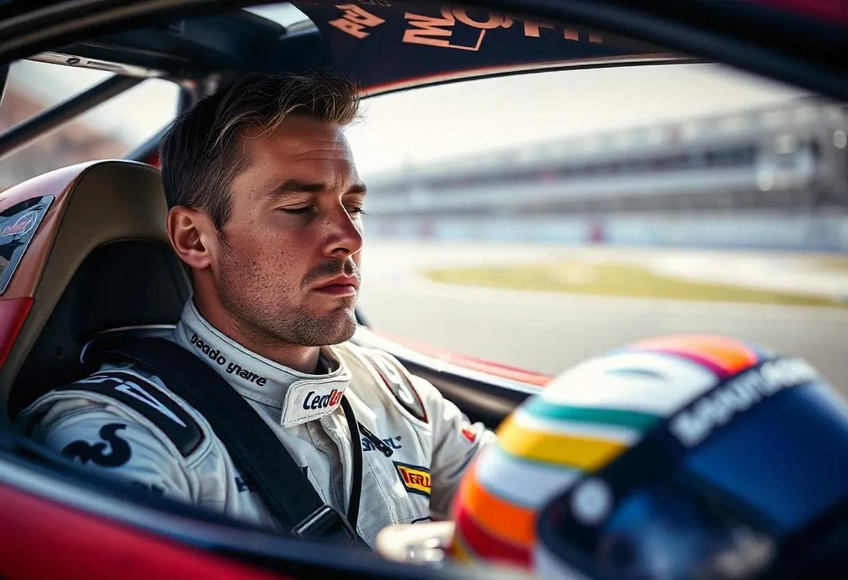 a racing driver sitting in his car eyes closed with a look of deep concentration