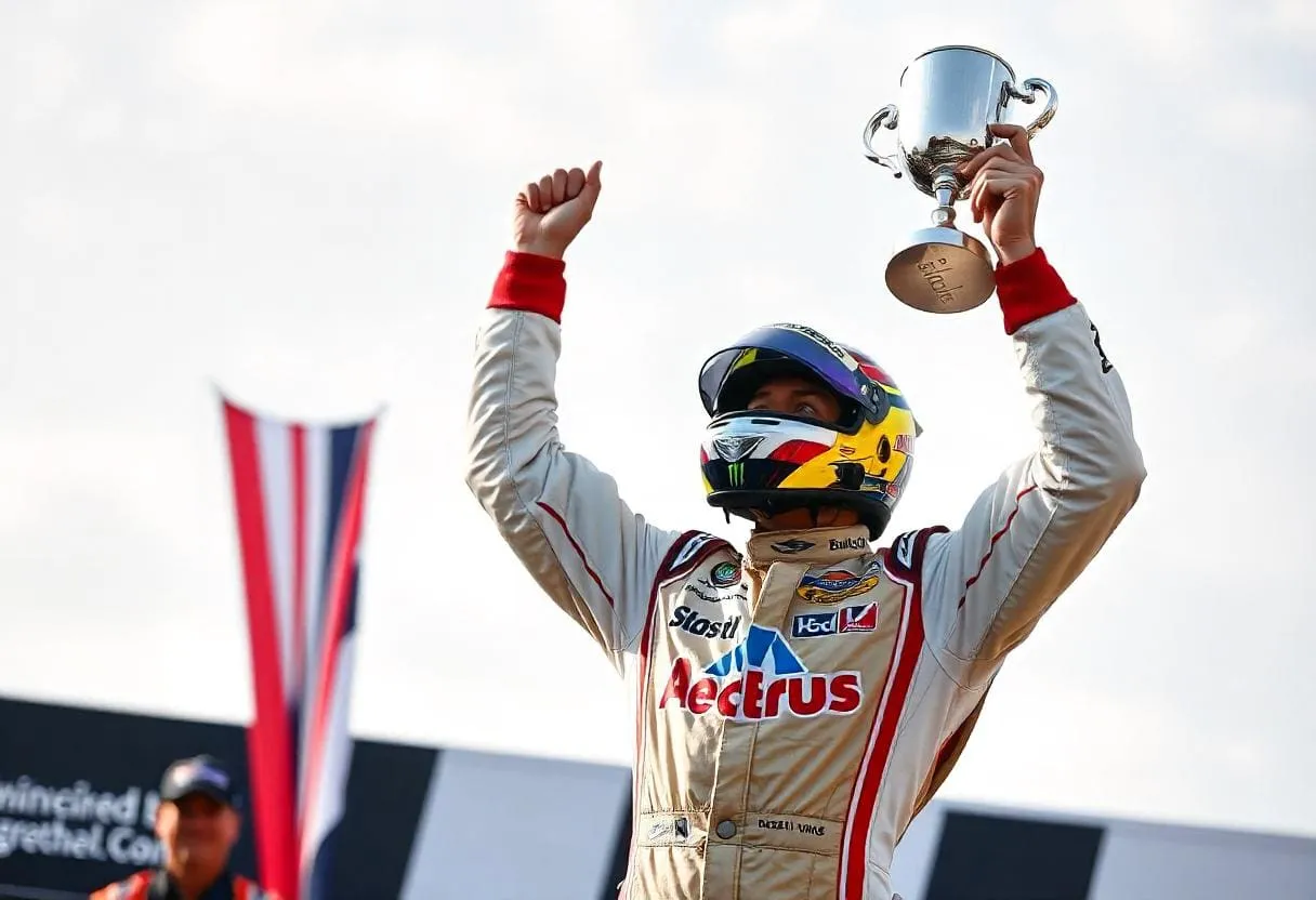 a racing driver standing on the podium holding a trophy aloft