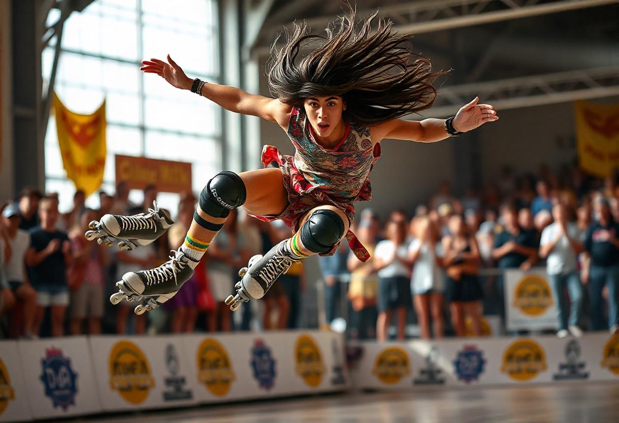 A woman with flowing hair performs an aerial trick on roller skates, wearing protective knee pads and colorful striped socks. She is mid-jump inside an indoor arena with a crowd cheering in the background. The scene captures her mental focus and the dynamic motion.