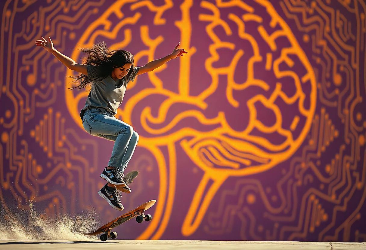 A person is performing an ollie on a skateboard in front of a large, colorful mural depicting a brain with intricate circuit-like designs. The performance is captivating as their long hair flows, dressed casually in jeans, a t-shirt, and sneakers. Dust trails from the skateboard wheels.