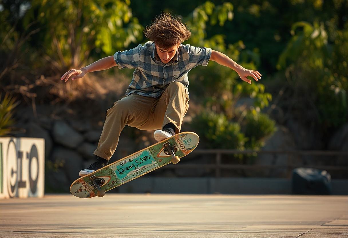 A person with long hair, wearing a plaid shirt and khaki pants, is mid-air while performing a skateboard trick in an outdoor setting. The skateboard has "Chewy" written on it, showcasing their fearless focus. Trees and greenery provide the perfect backdrop for this moment of skateboarding psychology in action.