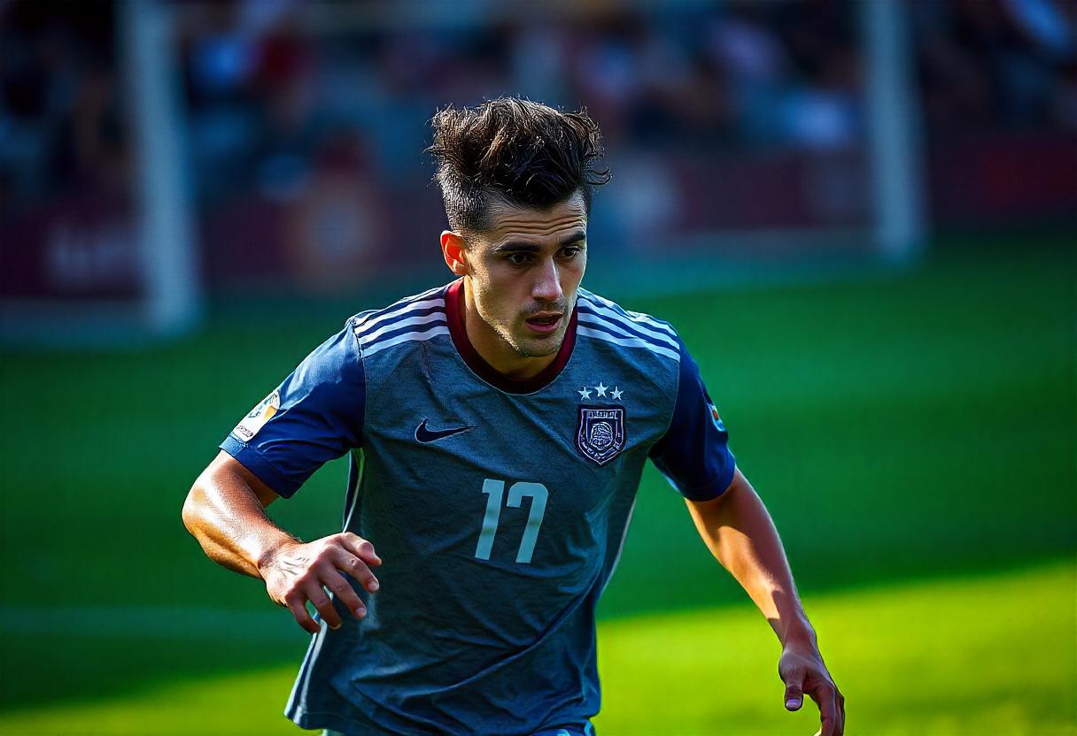 A soccer player wearing a gray jersey with the number 17 printed on it is in action on the field, exhibiting peak performance. The player, with short dark hair, is intensely focused on the game. The background shows a blurred crowd and part of a soccer goal.