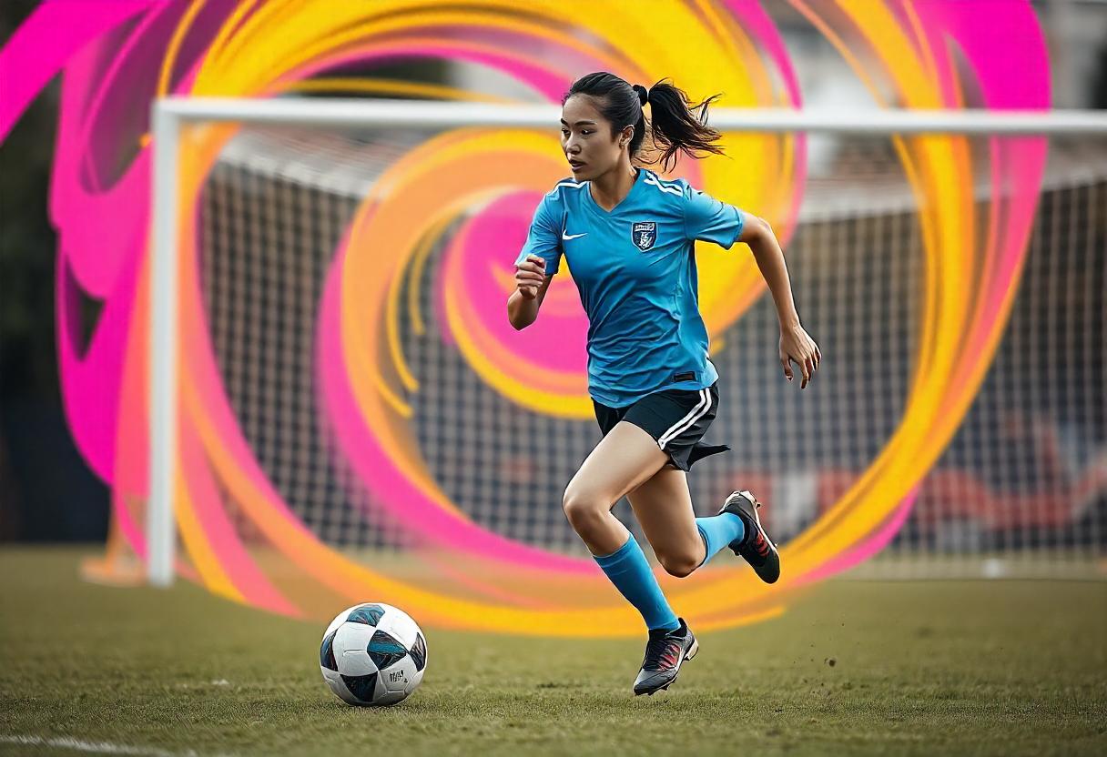 A soccer player in a blue jersey and black shorts dribbles a soccer ball on a grass field, with a colorful swirling background of orange and pink behind the goal net, illustrating the concept of "Mind Over Match" to enhance soccer performance.