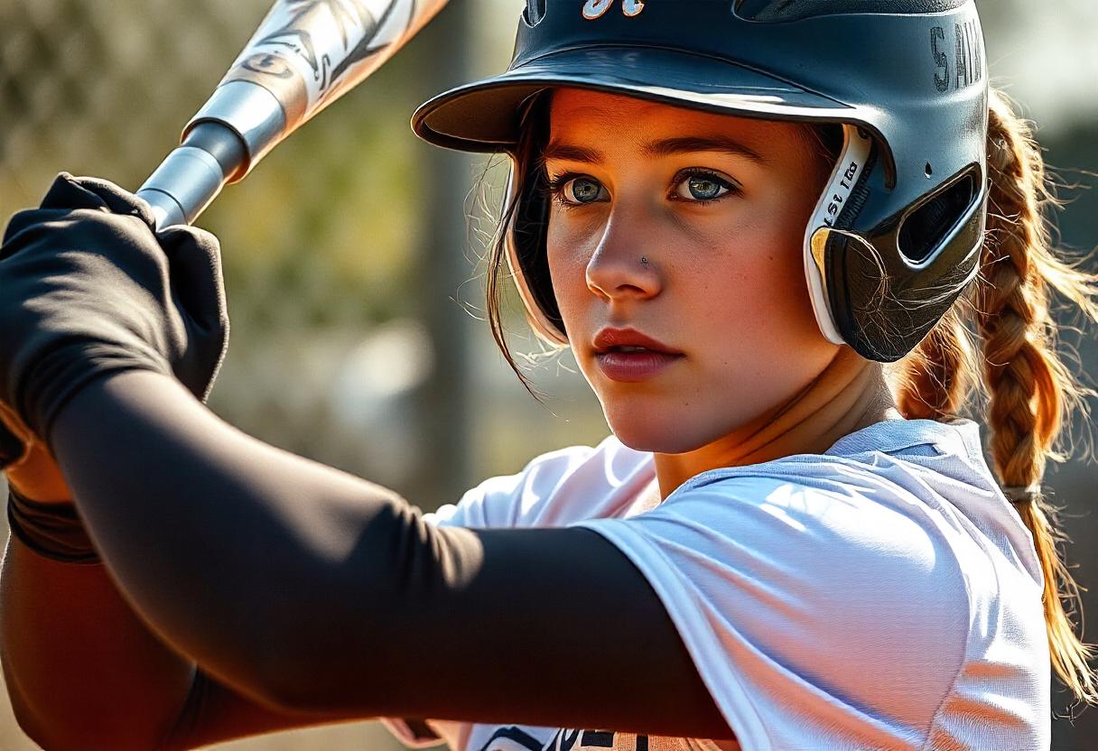 A young softball player in a white shirt and black gloves, wearing a black helmet, holding a bat while focusing intently, possibly preparing to bat. The background shows a blurred chain-link fence, suggesting an outdoor field setting—a true testament to the mental game of softball boosting focus.