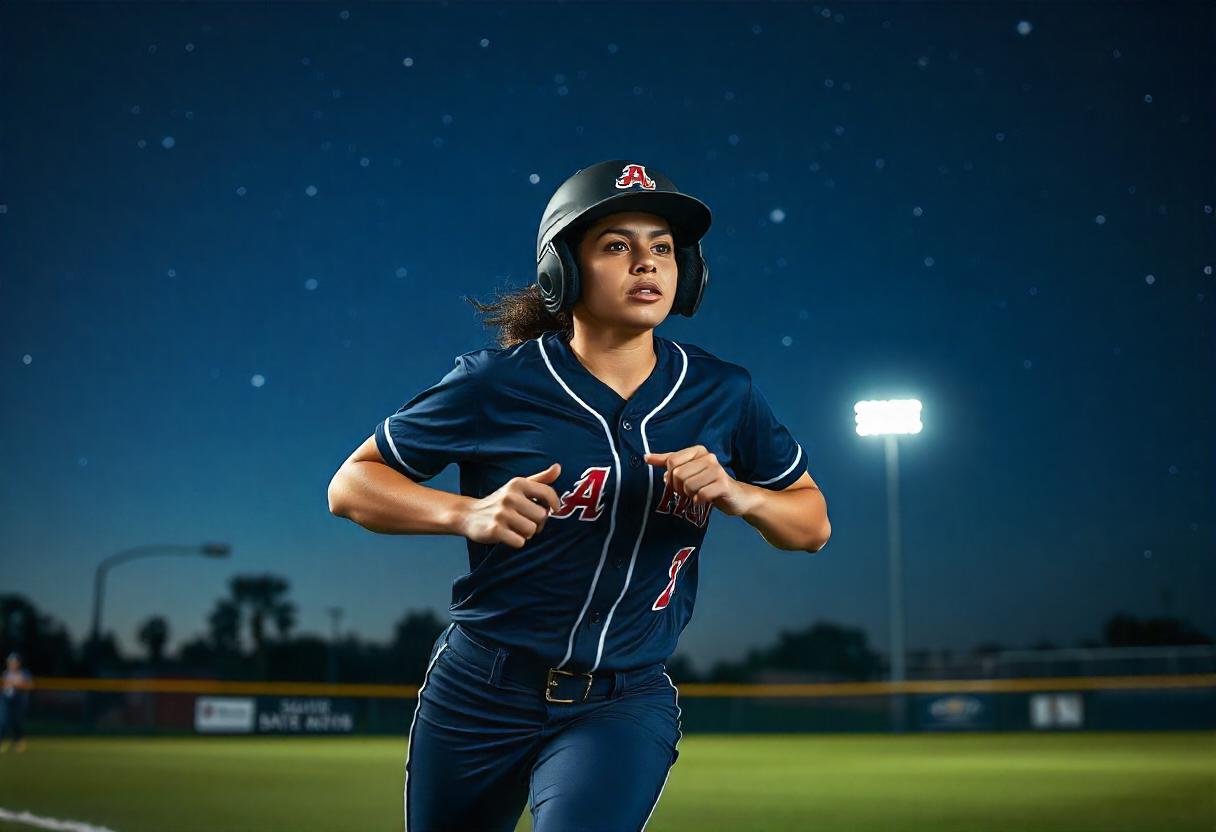 A female baseball player wearing a dark blue uniform and black helmet runs under the night sky on an illuminated baseball field. She looks intensely focused, with her eyes ahead and arms pumping at her sides, as if boosting focus through the mental game of softball. The background shows stadium lights, a fence, and a teammate in the distance.