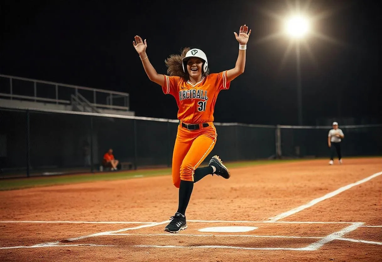 a female softball player celebrating a home run