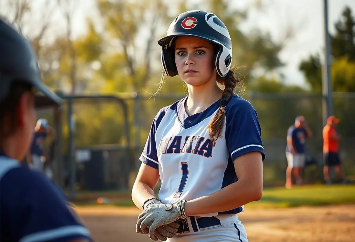 a female softball player looking anxious at the plate