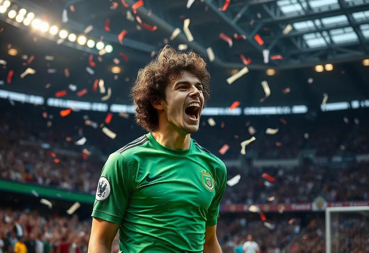 a soccer player celebrating a goal with a triumphant