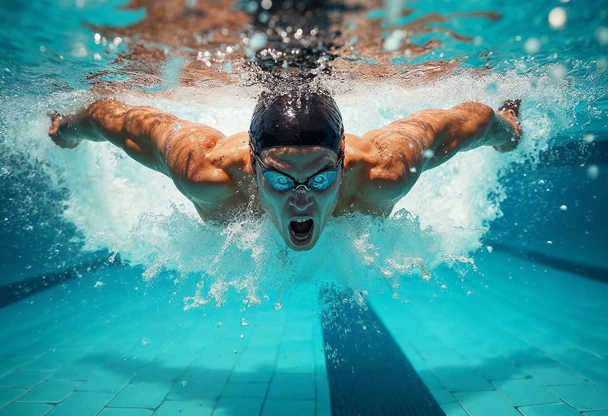 A swimmer in a black cap and goggles performs the butterfly stroke underwater, displaying remarkable mental focus. Their arms outstretch with power as water splashes around, capturing motion and intensity. The pool tiles shimmer beneath, emphasizing their graceful technique.