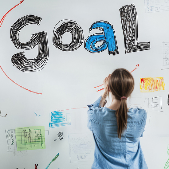 A person with long hair in a ponytail stands in front of a whiteboard filled with various drawings and notes. The word "goal" is prominently written in large, colorful letters, reflecting the focus on goal setting. The individual appears to be contemplating or planning their next steps.