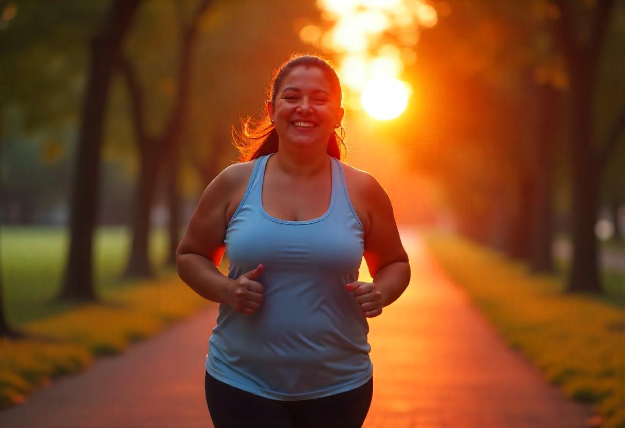 A woman jogging along a tree-lined path during sunrise, smiling and wearing a light blue tank top. Embracing mindset shifts for sustainable weight loss, she finds joy in the morning routine. The sun creates a warm glow in the background, casting long shadows on the path.