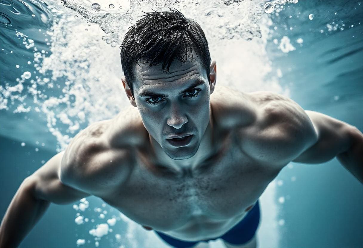 A man swimming underwater with focused eyes displays exceptional swimming performance. Bubbles trail behind him, and he wears blue swim shorts. The scene is clear, emphasizing the movement and serene atmosphere of the water.