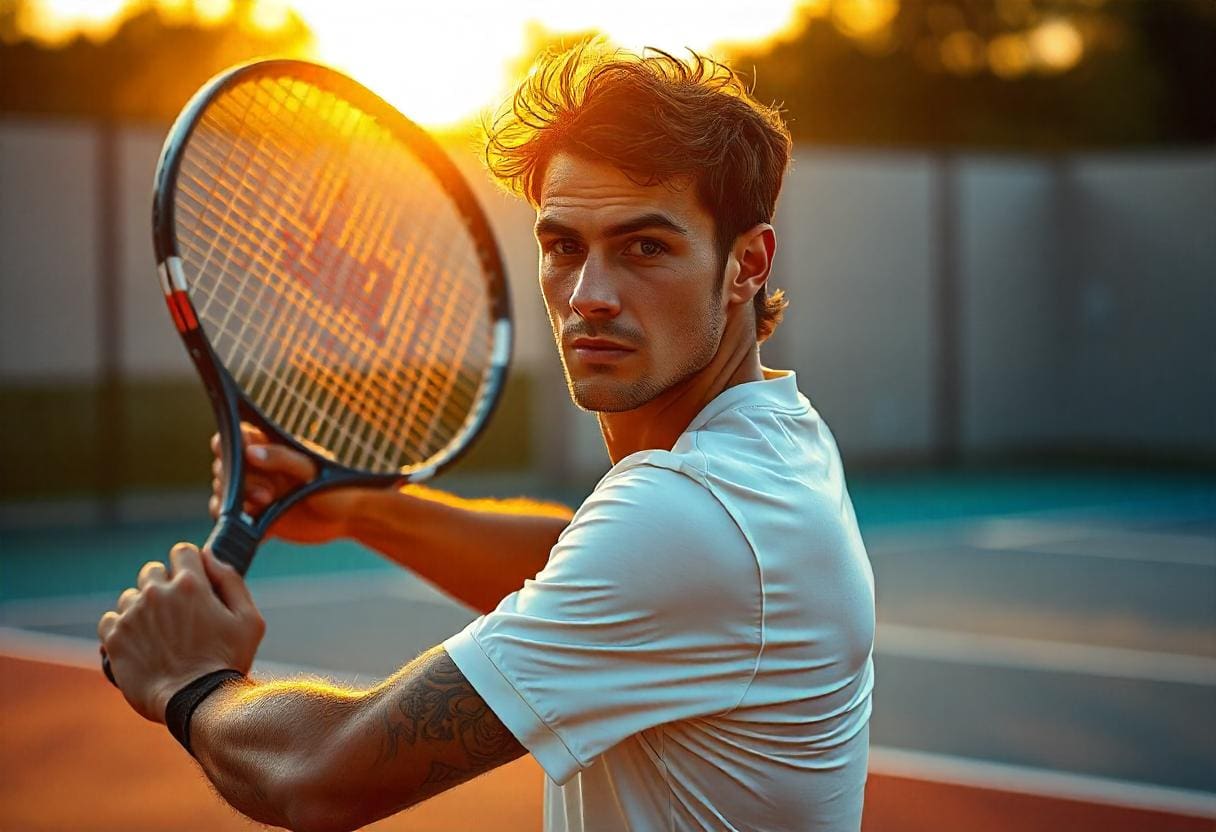 A person holding a tennis racket, poised to swing with focused determination, stands on a tennis court during sunset. They are wearing a white shirt, and the sun casts a warm glow on the scene, enhancing their performance amidst dramatic shadows.