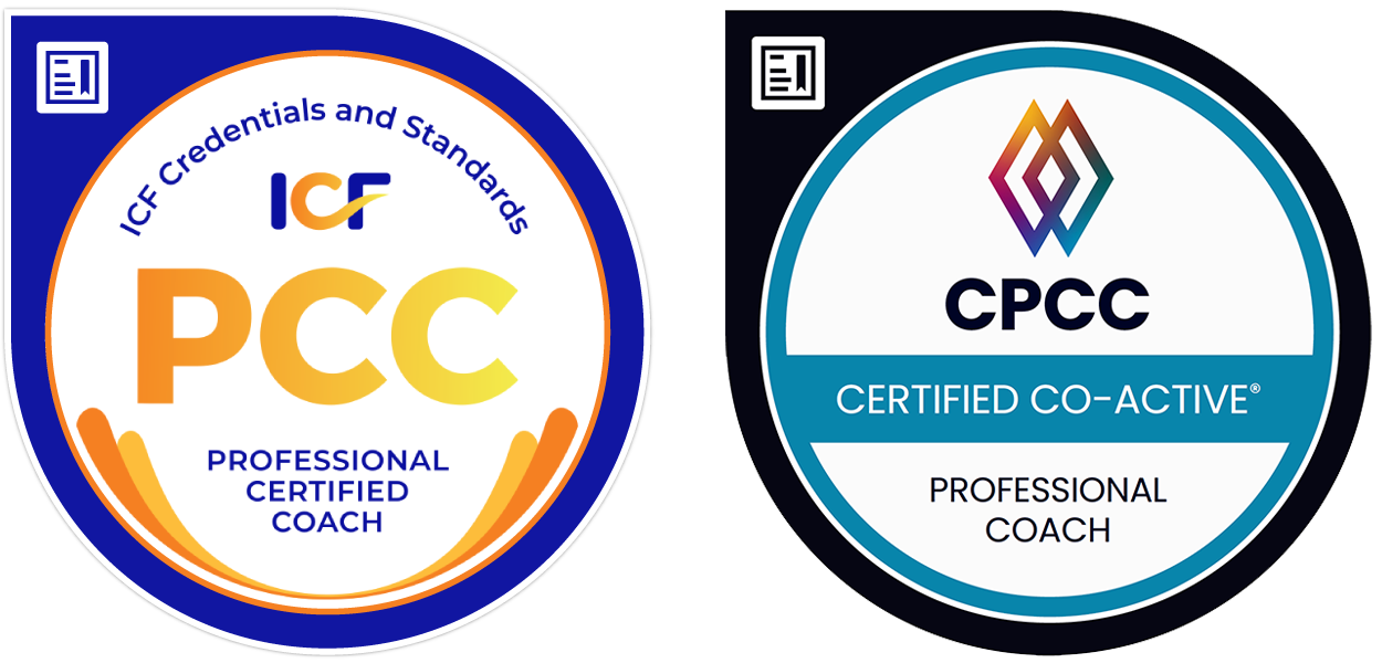 Two certification badges side by side. The left badge features "ICF PCC Professional Certified Coach" with a blue, orange, and yellow design. The right badge shows "CPCC Certified Co-Active Professional Coach" with a multicolored geometric logo.